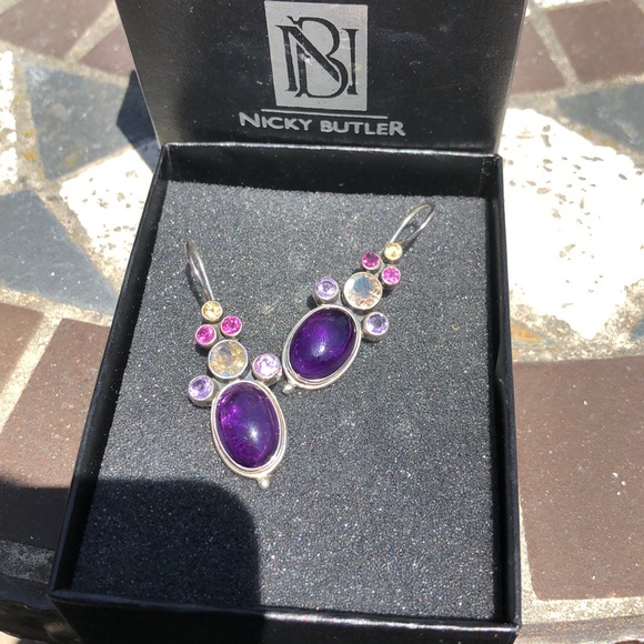 Amethyst and mixed stone 925 silver drop earrings - Picture 1 of 2